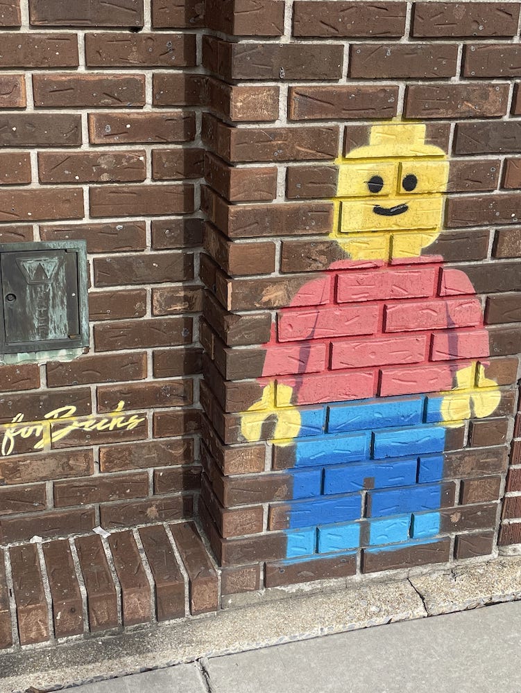 Mural artist for becks has a lego man mural in downtown tullahoma, tn